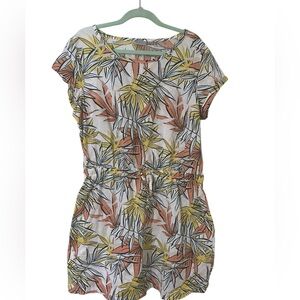 Blue Motion Tropical Linen Blend Waist Tie Dress Large‎ Minimalist Boho Chic EUC